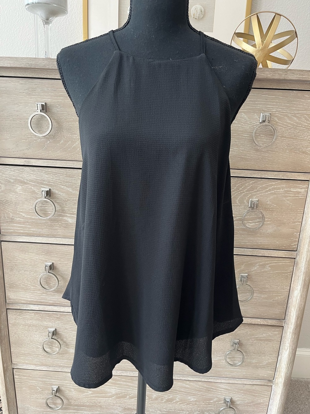 She & Sky Black Halter Dressy Blouse Fully Lined Sz Medium Breezy Flowy